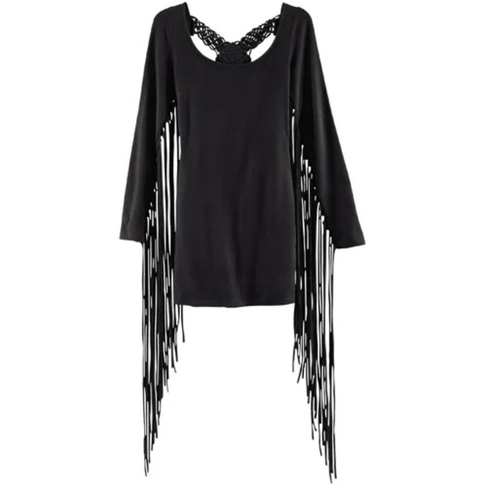 💥HOT ITEM💥 Bodycon Macrame and Fringe Dress in Black - Picture 13 of 14